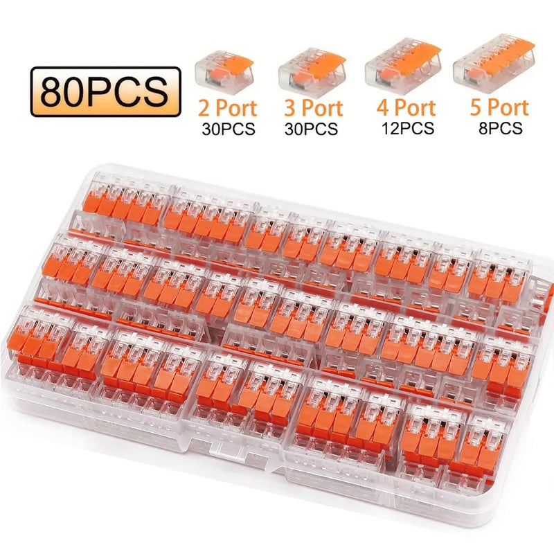 HTCELLE Lever Wire Connectors,80 Pcs Wire Connector Assortment Pack Compact Splicing Connector Kit for Electrical Wires Solid Stranded Flexible Wires, 2 Port, 3 Port,4 Port, 5 Port - Image 2